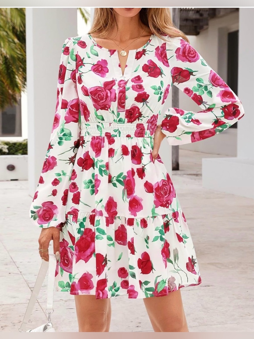 Womens Floral Flowy Split Neck Mini Dress Long Sleeve Elastic Waist Dress